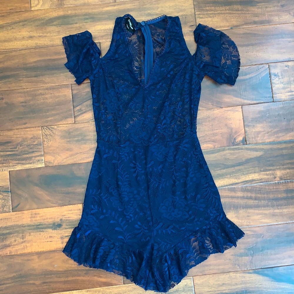 Sexy Bebe XS navy blue lace Romper with sheer top